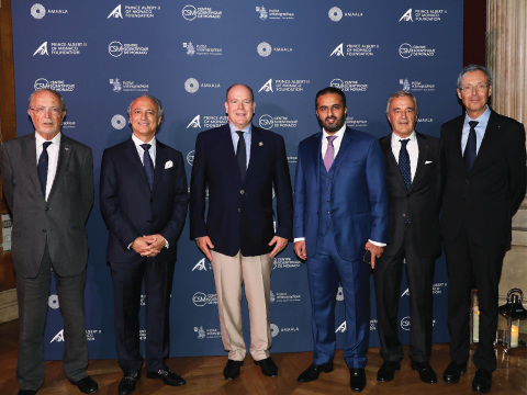 H.E. Mr. Bernard Fautrier (Vice President, CEO, The Prince Albert II of Monaco Foundation), Mr. Nicholas Naples (CEO, AMAALA Company), HSH Prince Albert II of Monaco, Mr. Turki Al Sudairi (Board Member, AMAALA Company), Pr. Patrick Rampal (President of The Centre Scientifique de Monaco), Mr. Robert Calcagno (CEO, The Oceanographic Institute) sign partnership agreement in Monte Carlo (pictured from L-R) (Photo: AETOSWire)