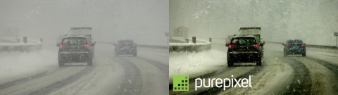 Digital Harmonic's PurePixel enhanced image (right) of vehicles driving in snowfall. (Photo: Business Wire)