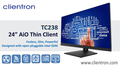Clientron AiO Thin Client TC238 features a 23.8” display with fanless and ultra-slim enclosure, and system designed with the concept of Intel® Smart Display Module (Intel® SDM) for optimized display computing. (Photo: Business Wire)