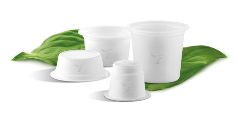 Flo’s GEA compostable coffee capsules made with Ingeo™ biomaterials for A Modo Mio, Lavazza Blue, Nespresso, and Keurig systems. (Photo: NatureWorks)