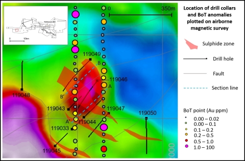 Location of drill collars and BoT anomalies at Heinä target plotted on airborne magnetic survey (Photo: Business Wire)