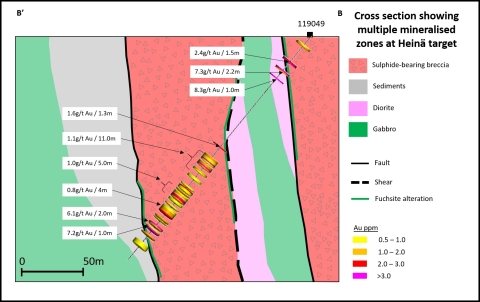 Cross section showing DDH119049 and multiple mineralised zones at Heinä target (Photo: Business Wire)