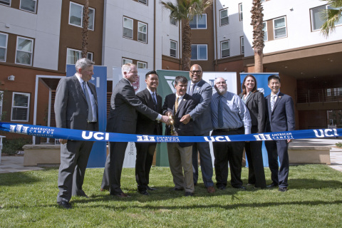 University of California, Irvine and American Campus Communities Celebrate the Opening of Sustainable Student Living Center From left to right: Tim Trevan, Executive Director of Student Housing, James Wilhelm, Executive Vice President of American Campus Communities, Randy Yan, ASUCI President, Dr. Enrique Lavernia, Provost and Executive Vice Chancellor, Dr. Willie L. Banks, Vice Chancellor of Student Affairs, Dennis McCauliff, Regional Vice President of American Campus Communities, Emily Stout, Regional Manager of American Campus Communities at UC Irvine, Brice Kikuchi, Chief Financial Officer of Student Affairs (Photo Credit: Fernando Martinez/UCI)