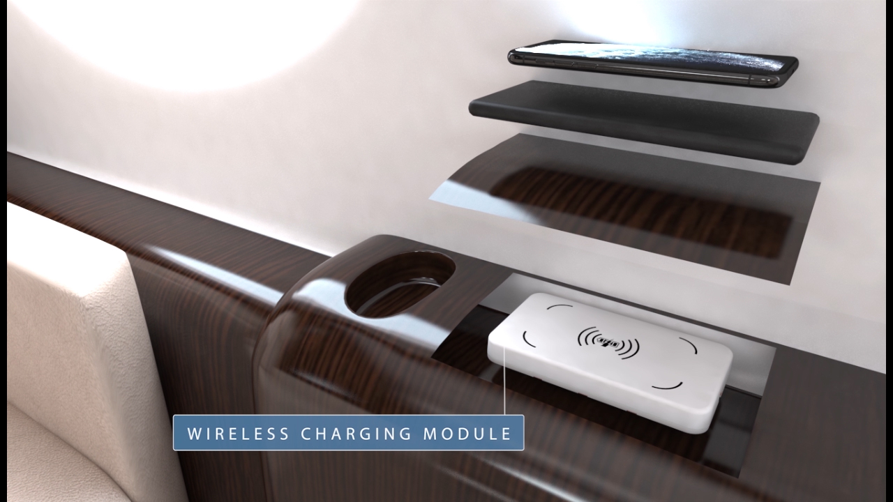 Animated multimedia of how Astronics’ wireless charging module can be embedded in business jet furniture to charge mobile devices.