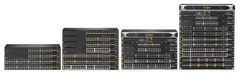 Featuring Aruba’s 7th Generation ASIC architecture, the Aruba CX 6300 Series is a family of stackable switches that offers flexible growth via a 10-member virtual switching framework (VSF) and provides built-in 10/25/50 gigabit uplinks to meet the bandwidth needs of today and the future, while the Aruba CX 6400 Series modular switches offer both a 5-slot chassis and a 10-slot chassis with a non-blocking fabric that scales from Gigabit POE access to 100G core. (Photo: Business Wire)