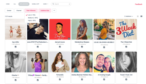 Users can filter their search by data points like engagement rate, whether a partner is Instagram Verified or percentage of fake followers, etc. (Photo: Business Wire)