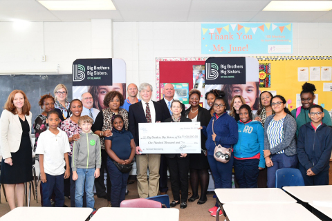 Raymond J. Quinlan, chairman and CEO of Sallie Mae, and Mary P. Fox, executive director of Big Brothers Big Sisters of Delaware, are joined by community leaders, staff, and students to celebrate Sallie Mae's grant of $100,000 to support Big Brothers Big Sisters of Delaware's school-based mentoring programs. (Photo: Glazier Photography)