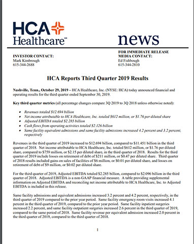 Printer Friendly Version - HCA Reports 3Q Earnings