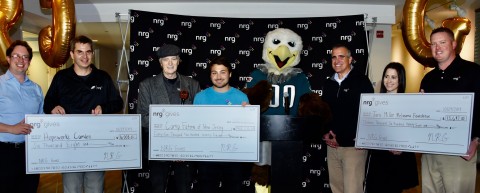 NRG awarded three New Jersey-based nonprofits $65,000 in donations through the NRG Gives campaign at Lincoln Financial Field in Philadelphia on Tuesday, October 29th, 2019.

(Left to Right): Dan Rhoton, Executive Director, Hopeworks Camden; Dave Schrader, NRG; Billy Malone, Board Chair, Camp Fatima of New Jersey; Conor Gallagher, NRG; Eagles Mascot Swoop; Mike Starck, NRG Vice President and General Manager, Retail East Division; Lauren Miller, Executive Director, Tara Miller Melanoma Foundation; and Sean Feeley, NRG.