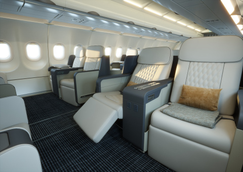 The interior of TCS World Travel's new Airbus A321LR was designed to evoke a calming oasis. (Photo: Business Wire)
