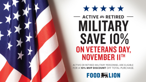 In honor of Veterans Day, Food Lion stores will offer a 10 percent discount on Monday, Nov. 11, to active and retired military personnel to show its appreciation for neighbors who are serving or have served in the United States Armed Forces. (Photo: Business Wire)