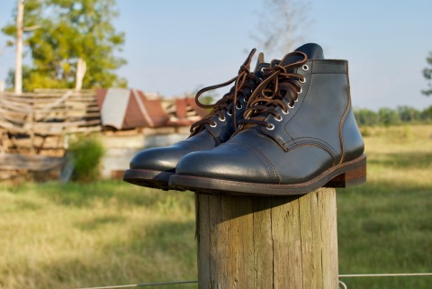 The Thursday Indigo Vanguard - the first release of the Thursday Boot Company's Single Herd line - photographed on-site at White Oak Pastures in Bluffton, GA. (Photo: White Oak Pastures)