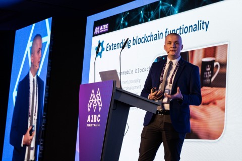 Dr. Ciprian Pungila of the aBey Foundation delivers the keynote address on the opening day of the Malta Blockchain Summit 2019. (Photo: Business Wire)