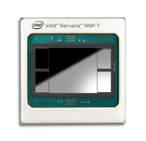 A photo shows the Intel Nervana NNP-T for training packaged chip. Intel Nervana Neural Network Processors are Intel's first purpose-built ASICs for complex deep learning with scale and efficiency for cloud and data center customers. Intel demonstrated the Intel NNPs at the company's AI Summit on Nov. 12, 2019, in San Francisco. (Credit: Intel Corporation)