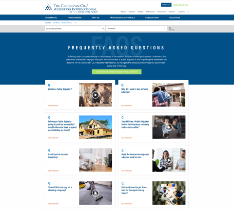Video library of FAQs about property damage insurance claims for homeowners by The Greenspan Co./Adjusters International. (Graphic: Business Wire)