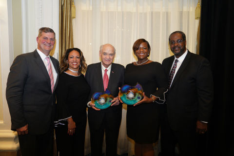 Ed Pesicka, President & Chief Executive Officer of Owens & Minor; Andrea Reubel-Walker, Director of Marketing & Key National Accounts for Kerma Medical Products; and Joe Reubel, President of Kerma Medical Products, congratulate Civic Leader of the Year Award honoree G. Gilmer Minor III, retired Board Chairman and CEO of Owens & Minor, and Diverse Enterprise of the Year Award honoree representative Tracey Grace, President and CEO of IBEX IT, who accepted the award on behalf of her company. (Not pictured: Shane Malek, Sales Director for Owens & Minor, accepted the Large Corporation of the Year Award on behalf of Jackson Health System.) Photo Credit: Digital Image House