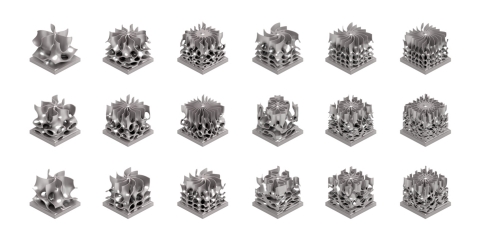 An array of metal 3D-printed passive heat sink examples for an electronics application that were designed with nTop Platform 2.0. The software created a Design of Experiments (DOE) that generatively designed a series of Triply Periodic Minimal Surfaces (TPMS) with optimal surface-area-to weight ratios. nTop Platform simplifies the generation and analysis of complex structures like these for a wide range of high performance thermal and structural applications and delivers the sliced data that guides the laser in the layer-by-layer 3D-printing process. (Photo: Business Wire)