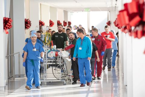 The Stanford Health Care transport team moved about 200 patients from the existing hospital into their new rooms via a Sky Bridge. A new patient was transferred every 3-4 minutes. Steve Fisch Photography.