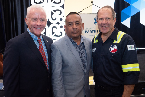 Port Houston Chairman Ric Campo highlighted Port Houston employee Claudio Sanchez during the 2019 State of the Port. ”It’s our people who make success possible,” Campo said. Pictured:Port Houston Commissioner Dean Corgey, Port Houston Rubber-Tired Gantry "RTG" Crane Maintenance Foreman Claudio Sanchez; and Port Houston Chairman Ric Campo (Photo: Business Wire)