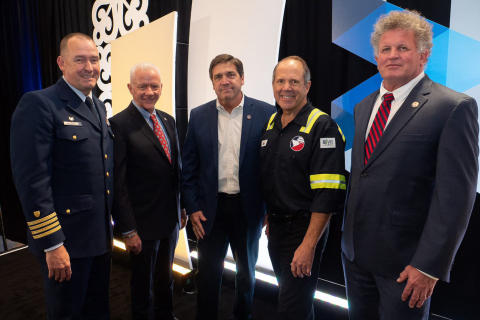 Port Houston Chairman Ric Campo stressed the importance of public and private partnerships for the success of Houston Ship Channel Project 11. Campo acknowledged members of the Port Commission, all were present for the 2019 State of the Port. Pictured: Commanding Officer of Coast Guard Sector Houston-Galveston CAPT. Kevin Oditt, CAPTAIN of the Port; Port Commissioner Dean Corgey; Houston Pilot Capt. Greg Brown; Port Houston Chairman Ric Campo; and Houston Pilot Presiding Officer Capt. Mark W. Mitchem (Photo: Business Wire)