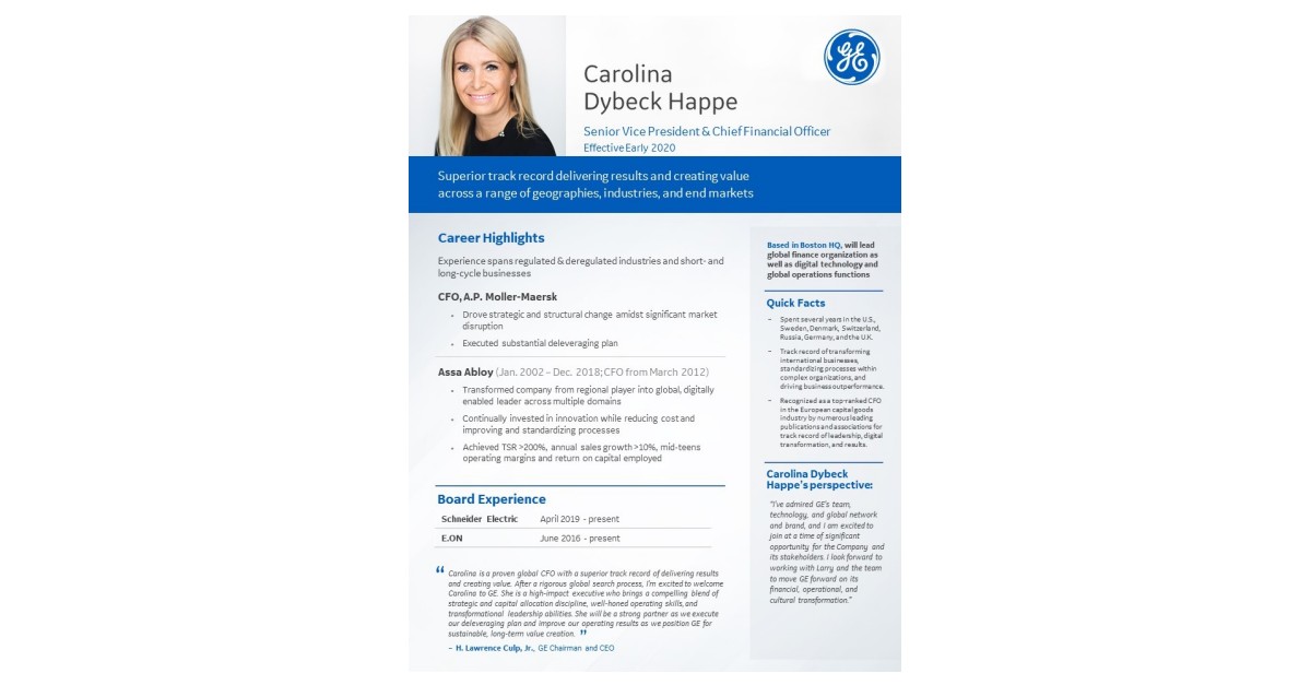 GE Names Carolina Dybeck Happe As Chief Financial Officer Business Wire