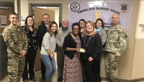 Corvias employees, pictured here, present the Rhode Island National Guard with gift cards to purchase food for this Thanksgiving holiday. (Photo: Business Wire)