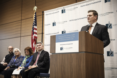 The United Health Foundation announced a three-year, $1.5 million grant to the Colorado Center for Nursing Excellence. Pictured left to right: North Range Behavioral Health Psychiatric Clinical Nurse Specialist Dan Frantz, Center Board Member and Psychiatric Clinical Nurse Specialist Ruby Martinez, Lt. Governor Dianne Primavera, Sen. Cory Gardner and UHC Government Programs CEO Brian Thompson (at podium). (Photo: Business Wire)