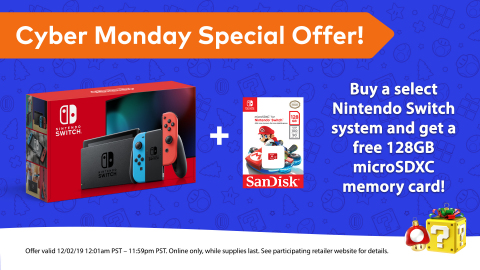 From now until the end of Cyber Monday, consumers that purchase a select Nintendo Switch system on the digital storefront of participating retailers will receive a 128GB SanDisk microSD card at no extra cost. (Graphic: Business Wire)