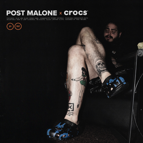 The Post Malone x Crocs Duet Max Clog is an innovative clog silhouette with a unique blue and black urban camo pattern, an exaggerated chunky outsole and pivotable backstraps with adjustable hook and loop closures. This is the fourth collaboration between the duo. (Photo: Business Wire)