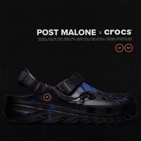 The Post Malone x Crocs Duet Max Clog is an innovative clog silhouette with a unique blue and black urban camo pattern, an exaggerated chunky outsole and pivotable backstraps with adjustable hook and loop closures. This is the fourth collaboration between the duo. (Photo: Business Wire)