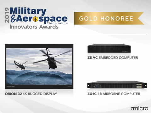 ZMicro honored with three Gold Awards for its Orion 32 Rugged 4K Display, ZX1C 18 Airborne Server, and ZE-VC Embedded Computer (Graphic: Business Wire)