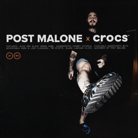 The Post Malone x Crocs Duet Max Clog is an innovative clog silhouette with a unique blue and black urban camo pattern, an exaggerated chunky outsole and pivotable backstraps with adjustable hook and loop closures. This is the fourth collaboration between the duo. (Photo: Business Wire)