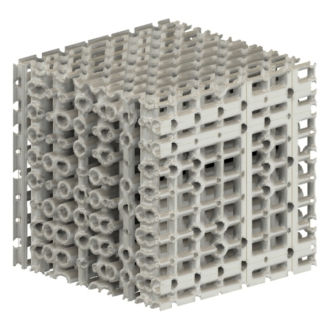 This is a rendering of the "Basic Dense" 3D scaffold offered by Prellis Biologics and designed with its new TissueWorkshop™ web-based interface tailored for biologists and tissue engineers. The structure is 1 cubic centimeter, with 200 and 500 micron channels randomly distributed throughout the horizontal and vertical planes, meeting at 45 and 90 degree intersections respectively. The scaffold was designed to maximize surface area and packing density of hollow tubes, facilitating dense cell seedings while allowing for adequate oxygenation. (Photo: Business Wire)