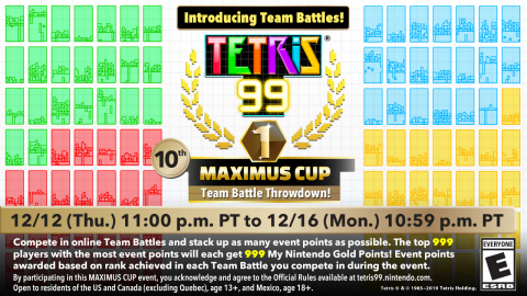 The fierce and frenzied 99-person multiplayer matches of the Tetris® 99 game just got even more intense with the addition of Team Battle Mode. Typically, it’s every tenacious Tetrimino twirler for themselves, but now Team Battle Mode allows for a group of friends and competitors to play together as a squad. (Graphic: Business Wire)