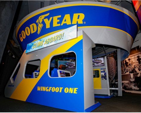 The Chick-fil-A College Football Hall of Fame’s newest exhibit, which opens to the public Friday, Dec. 13, 2019, welcomes museum patrons by displaying personalized messages on the blimp’s LED screen above the replica passenger gondola. The Goodyear Blimp was inducted into the College Football Hall of Fame as an honorary member this year. (Todd Kirkland/AP Images for Goodyear)