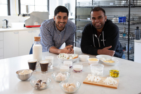 Energized by its company’s mission to make the world a kinder, greener place, co-founders of Perfect Day, Ryan Pandya (L) and Perumal Gandhi (R), showcase the prospective product portfolio fueled by its flora-based dairy protein. (Photo: Business Wire)