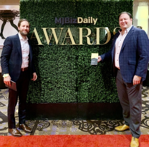 Cresco Labs CEO and Co-founder Charlie Bachtell and President and Co-founder Joe Caltabiano receive the U.S. Cannabis Industry Game Changer Award from MJBIZ (Photo: Business Wire)