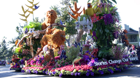 The UPS Store's 2020 Rose Parade Float "Stories Change Our World" earned the Sweepstakes Trophy for the most beautiful entry, one of ten awards for Fiesta Parade Floats. (Photo by Fiesta Parade Floats)