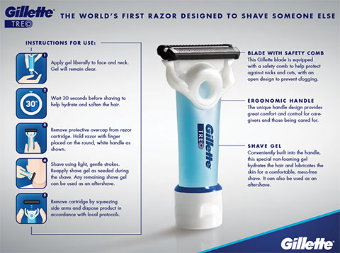 Gillette TREO is the world’s first razor specifically designed for caregivers and their loved ones. Now caregivers can confidently shave their loved ones anywhere, even away from the sink.