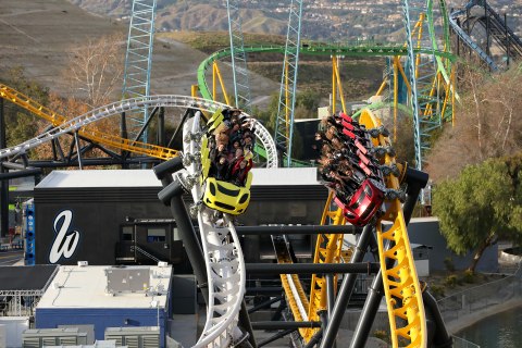 The high-five is featured on Six Flags Magic Mountain's newest roller coaster, West Coast Racers. The quadruple launch coaster also features side-by-side launches and 14 track crossovers while racing side-by-side. (Photo: Business Wire)