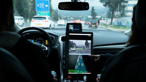 A photo from December 2018 shows the interior cabin of a Mobileye autonomous vehicle as it maneuvers through traffic in Jerusalem. Mobileye, an Intel company, is the leader in assisted driving and a pioneer in the use of computer vision technology to save lives on the road. (Credit: Mobileye)
