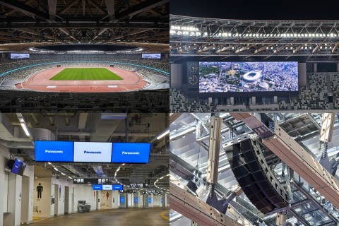 Large screen display systems (top left), large screen display system & lighting equipment in the stands (top right), digital signage (bottom left) and audio system 8 barrels (bottom right). (Photo: Business Wire)