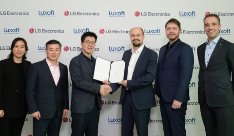 LG Electronics and Luxoft Joint Venture Agreement Signing Ceremony, January 7, 2020 (From left) Heewon Choi (VP, SW Business PMO, LG Electronics), Jonggyu Kim (President of Zenith and SVP of LG Electronics), I.P. Park (CTO of LG Electronics) (From right) Markus Kissendorfer (SVP, Automotive Sales, Luxoft), Vildan Hasanbegovic (Director, Automotive Partnerships, Luxoft), Mikhail Bykov (SVP, Automotive Solutions, Luxoft) (Photo: Business Wire)