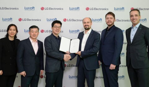original LG Electronics and Luxoft Joint Venture Agreement Signing Ceremony, January 7, 2020 (From left) Heewon Choi (VP, SW Business PMO, LG Electronics), Jonggyu Kim (President of Zenith and SVP of LG Electronics), I.P. Park (CTO of LG Electronics) (From right) Markus Kissendorfer (SVP, Automotive Sales, Luxoft), Vildan Hasanbegovic (Director, Automotive Partnerships, Luxoft), Mikhail Bykov (SVP, Automotive Solutions, Luxoft) (Photo: Business Wire)