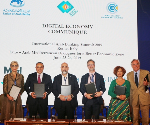 The European Banking Federation (EBF), the Union of Arab Banks (UAB), and international associations signed a Digital Economy Communique with the Global Coalition for Efficient Logistics (GCEL) at the 2019 International Banking Summit. (Photo: Business Wire)