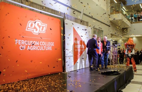 As confetti flies, Larry and Kayleen Ferguson and OSU President Burns Hargis celebrate the unveiling of the newly renamed OSU Ferguson College of Agriculture Wednesday, January 15, 2020 at Oklahoma State University. (Photo: Business Wire)