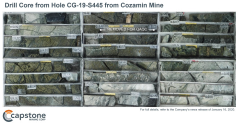 Figure 4 – Image of Drill Core from Hole CG-19-S445. Coarse grained, high grade chalcopyrite mineralization along with a positive copper-silver correlation underpins high copper and silver recoveries. (Graphic: Business Wire)