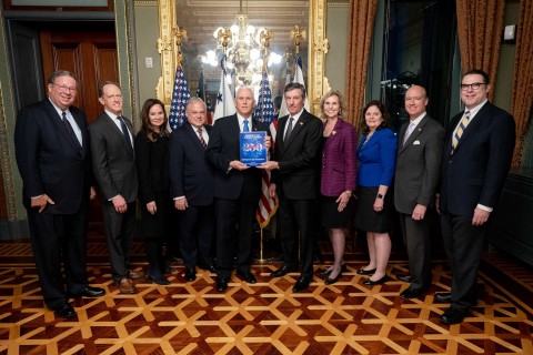 [L to R] David Cohen, Senator Pat Toomey, Rosie Rios, Frank Giordano, Vice President Mike Pence, Chairman Daniel DiLella, Lynn Forney Young, Cathy Gillespie, Congressman Robert Aderholt, James Swanson Official White House Photo by D. Myles Cullen