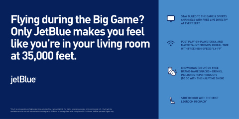 For travelers who can’t make it to the big game, those flying domestically with JetBlue will be able to watch the action with all the comforts of their own living room. (Graphic: Business Wire)
