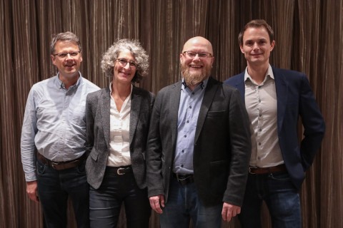 eZ Systems acquires e-commerce software from silver.solutions: (from left to right) Frank Dege CTO silver.solutions, Ania Hentz, CEO, silver.solutions, Morten Ingebrigtsen Co-CEO eZ Systems, Bertrand Maugain Co-CEO eZ Systems (Photo: Business Wire)
